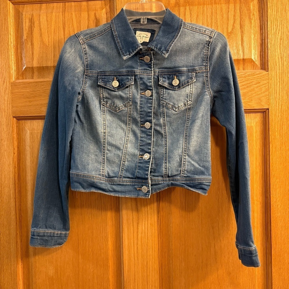 Wax Jean Blue Medium Wash Button Basic Denim Crop Jacket Stretch Women’s Size S - Picture 1 of 4